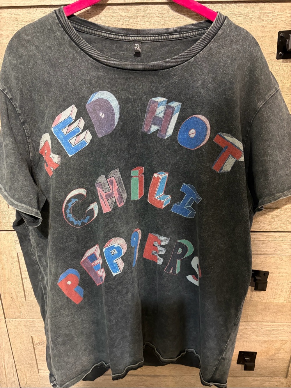 R13. Red Hot Chili Peppers Graphic Tee — Faded Black with Multicolor Lettering